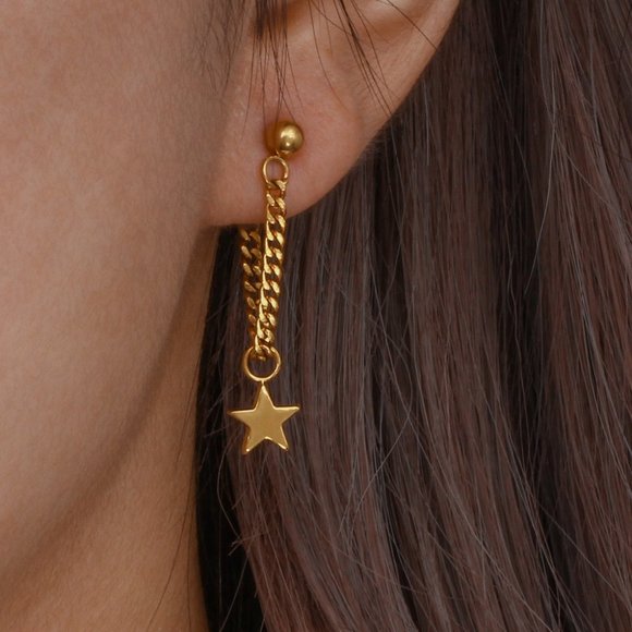 Star Chain Drop Earrings 18K Gold Plating Jewelry Gifts For Her / Wife / Mom - Picture 3 of 11
